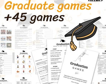 Puede incluir: Un conjunto de juegos de graduación imprimibles con un birrete y borla negros. El texto dice "Graduate games +45 games" en naranja y negro. Incluye varias hojas de juego.