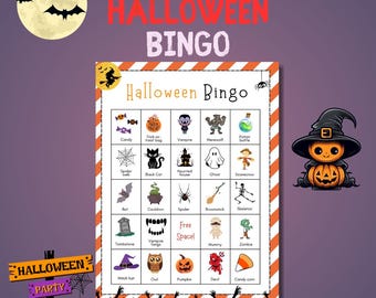 Juego de bingo de Halloween imprimible, 30 tarjetas de bingo, actividad de Halloween para niños, fiesta de Halloween en el aula, diversión familiar espeluznante