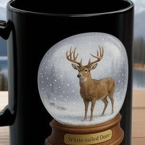 Personalize White-tailed Deer Snow Globe Mug, Buck in Snow Mug, Wildlife Nature Coffee Mug, Black Ceramic Mug, Rustic Gift for Him or Her