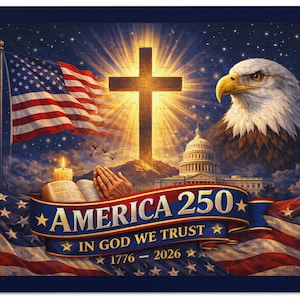 May include: A patriotic puzzle featuring the American flag, a bald eagle, and the U.S. Capitol building. The image includes a cross, an open book, and the text "America 250" with "In God We Trust" and the years 1776-2026.