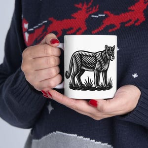 Personalized Mountain Lion Mug: Linoprint Wildlife Art, Custom Saying