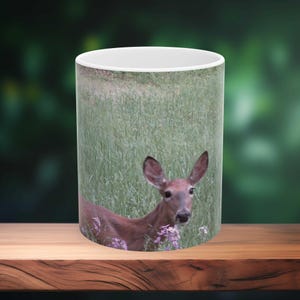 Deer Ceramic Coffee Mug: Flower Field Design, Nature Lover Gift