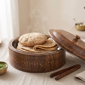 May include: A round wooden food container with a metal interior, holding a stack of steaming flatbreads. The exterior features a dark wood grain with delicate gold-toned floral inlay. A matching wooden lid sits beside it, along with wooden tongs.