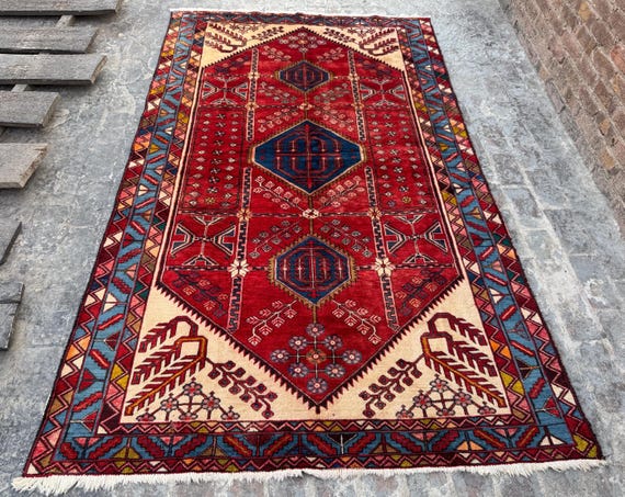 Guter Preis, 6x9 Vintage türkischer Stammes Teppich, Rot Marine Blau Beige Handgeknüpfter Wolle Geometrischer Wohnzimmer Teppich