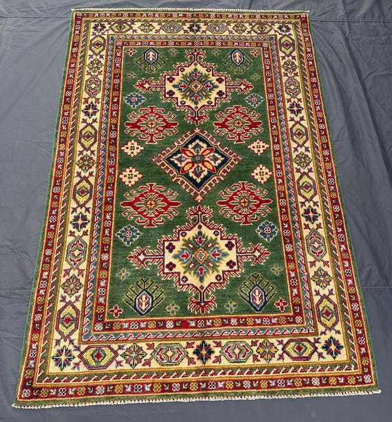 Guter Preis, Grün Rot Blau 4.1 x 6 Ft Afghan Modern Kazak Teppich, Handgeknüpfter Orientteppich, natürlich gefärbte Wolle, Wohnzimmerdekor
