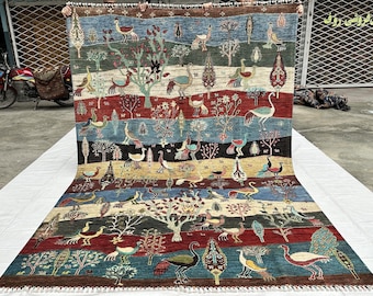 Colorful Tree of Life Rug, 7x10 Hand  Wool Carpet, Peacock Pictorial Area Rug, Natural Dye, Living Room Rug, Bedroom Rug, Sultani Chobi