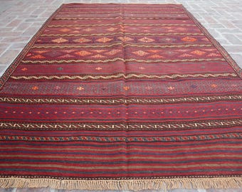 Authentischer afghanischer Kilim - 5 x 8 ft Handgewebtes Luxus Flachgewebe Sumak Design, Traditionelles Rot und Blau