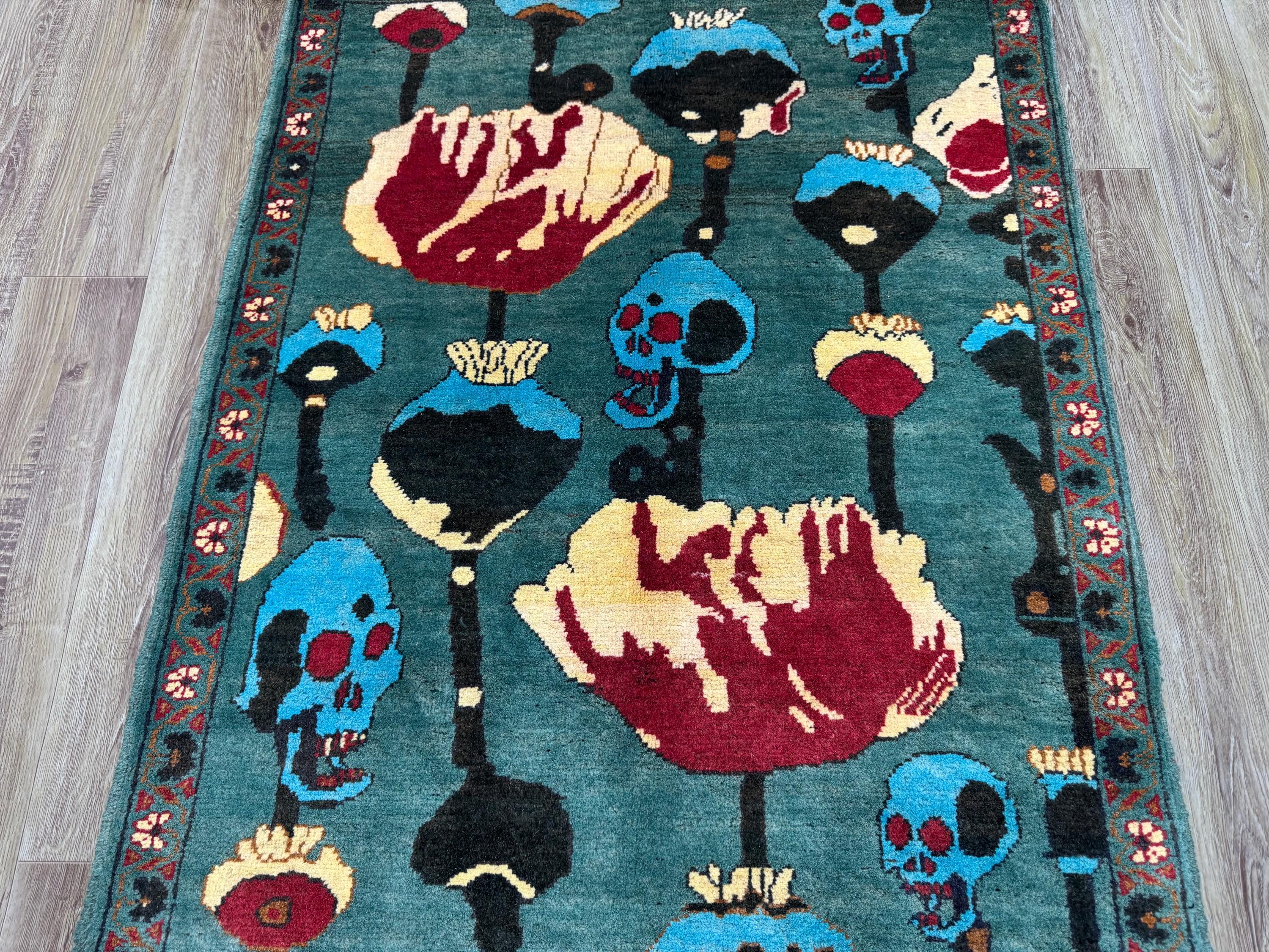 Afghan War Rug 3x4, Hand Knotted Poppy Rug, Skull Decor Forest
