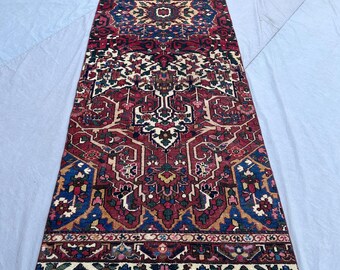Good Price, 4x16 Antique Turkish Heriz Style Rug, Rich Red & Blue, Handwoven Wool, Traditional Medallion Design Runner Rug