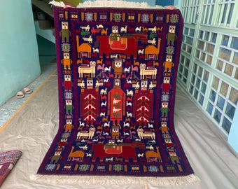 Fine Afghan Herati Rug 4x7 - Pictorial Folk Art Wool Rug, Blue Tribal Area Rug with People and Animals, Unique Eclectic Decor, 4.3x6.7 Ft