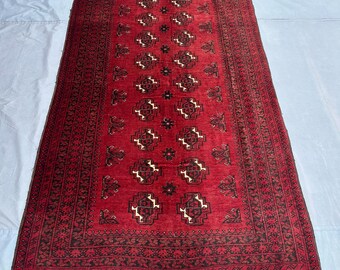 Alfombra tribal Mori Gol afgana turcomana vintage de 1,35 m x 2,35 m, teñida natural, de lana hilada a mano, estilo tradicional para habitación.