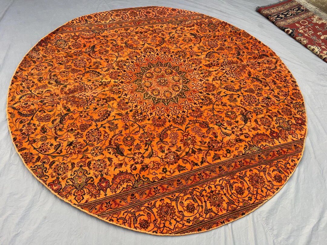 Orange Round Rug 9 X 9 Ft Afghan Hand Knotted Vintage Soft Pile Luxury ...