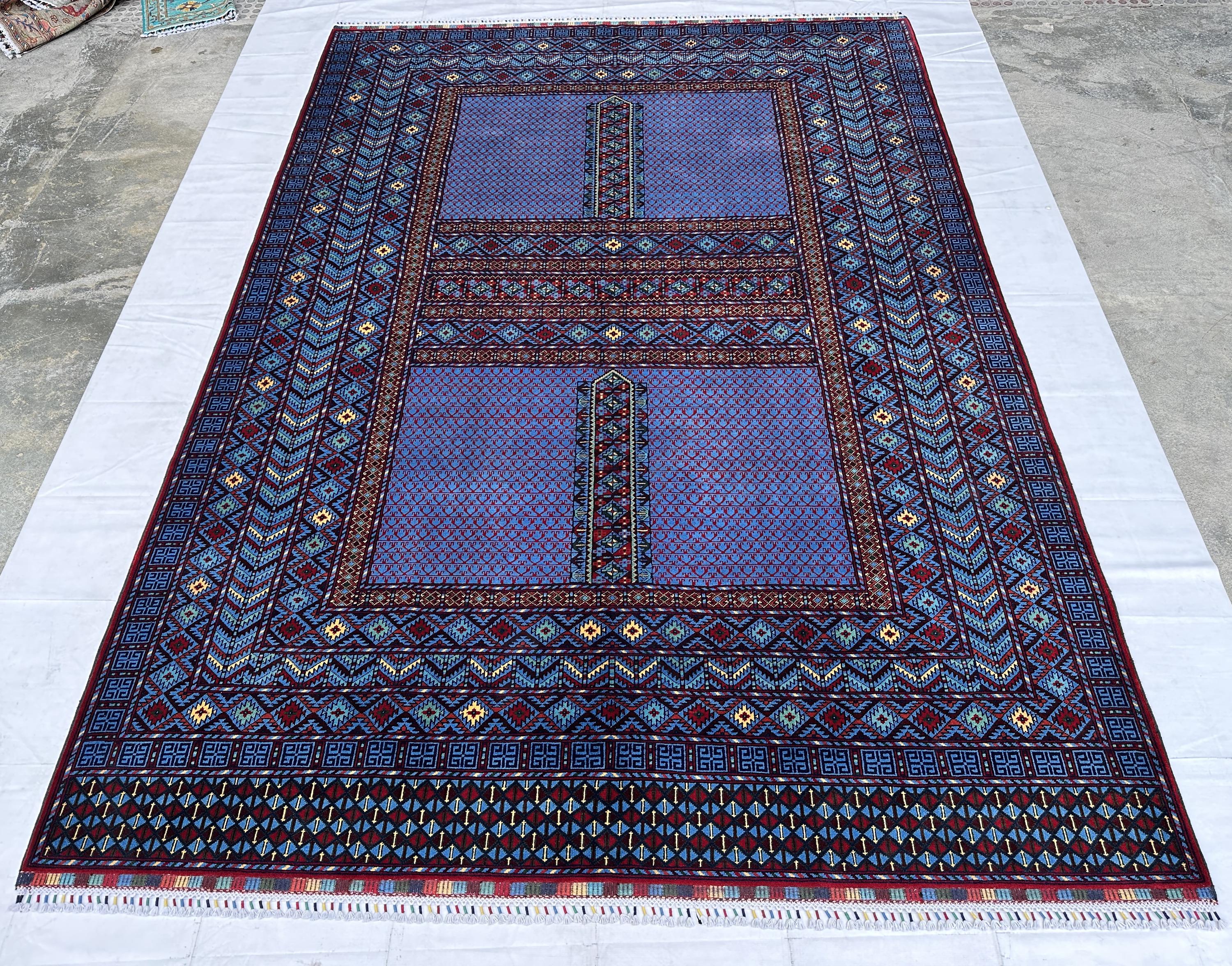 Buy Rare Blue Turkmen Rug 8x12 Hand Knotted Hatchlou Parda Area