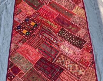 3.2x5.7 ft Indian Patchwork Tapestry, Vintage Rajasthan Wall Hanging, Mirror Work Embroidered Textile, Boho Tribal Decor Art Interior design