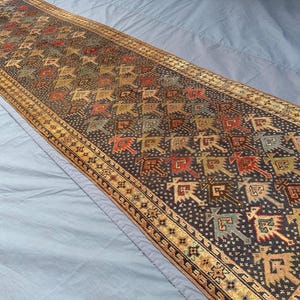 Best Price, 3.7 x 12.6 Ft Antique Caucasian Karabagh Rug Runner – Handwoven Wool, Natural Dyed Tribal Hallway Rug, Tribal Traditional Runner