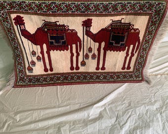 Afghan Camel Rug 3x4 - Vintage Herati Pictorial Wool Rug, Hand Knotted Tribal Area Mat, Beige Red Geometric Home Decor, 2.9x4.3 Ft