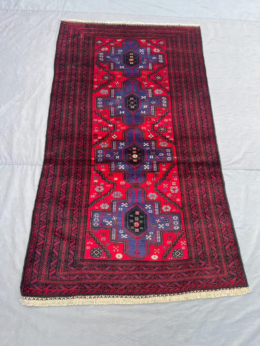 Red Blue 3.9 X 6.10 Ft Vintage Afghan Area Rug Hand Knotted Wool Tribal ...