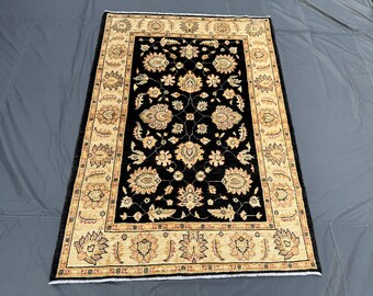 Afghan Oushak Rug 4' x 5'11" | Hand Knotted Wool | Soft Pile Luxury Home Boho Décor | Floral Design | Modern One-of-a-Kind