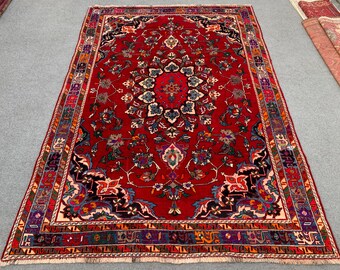 Alfombra turca vintage, alfombra de lana roja anudada a mano, alfombra de área con medallón de 6x9, alfombra floral tradicional, alfombra fina de Anatolia, sala de estar bohemia