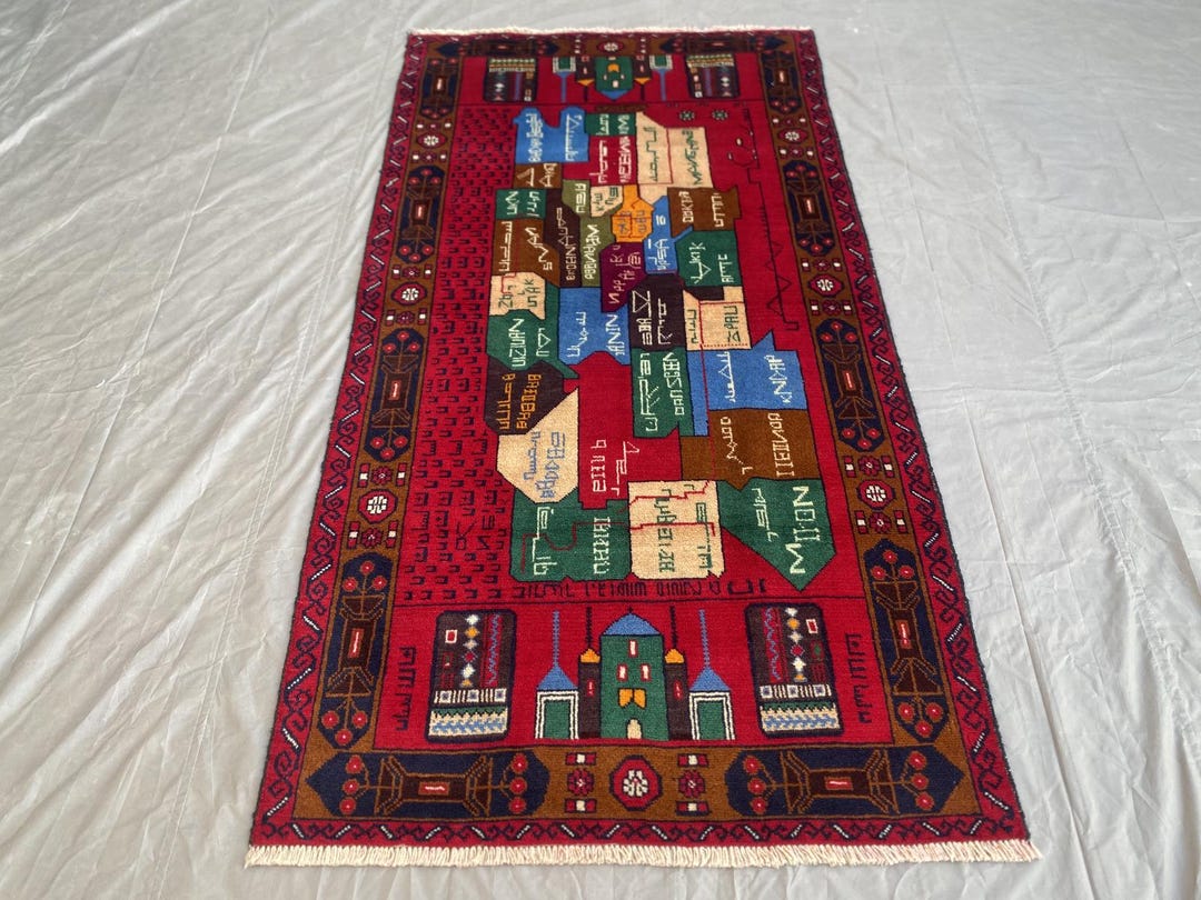 Red 4 X 7 Ft Afghan Pictorial Map Rug Vintage Hand Knotted Soft Pile ...