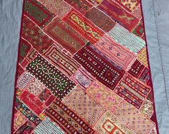3.2x5.7 ft Indian Patchwork Tapestry, Rajasthani Embroidered Wall Hanging, Vintage Mirror Work Textile, Boho Handmade Decor Interior design