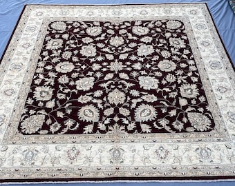 Good Price, 8x8 Luxurious Afghan Oushak Chobi Square Rug, Turkish Style, Rich Maroon & Cream Wool, Elegant Floral, Living Room or Bedroom