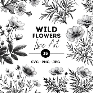 Wildflower SVG Floral Line Art Bundle, Minimalist Botanical Design, Wildflower Outline, Digital Line Drawing