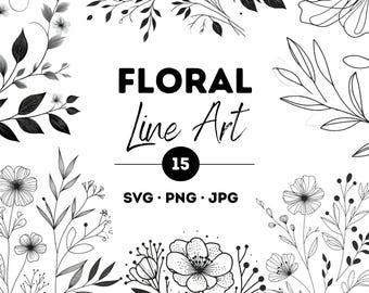 May include: A set of 15 black and white line art floral illustrations. The illustrations feature various flowers, leaves, and stems. The text "Floral Line Art 15 SVG PNG JPG" is displayed below the illustrations.