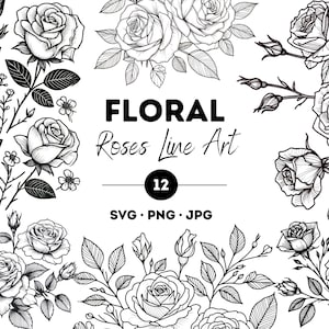 Floral Roses Line Art, Roses Flower SVG, Minimalist Roses Illustration, Rose PNG Images, Digital Roses Clipart