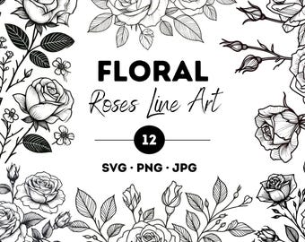 Floral Roses Line Art: SVG, PNG, JPG Clipart (Digital Download)