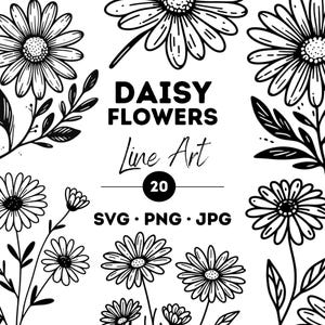 デイジーラインアート SVG バンドル: 花のシルエットクリップアート (PNG、JPG)