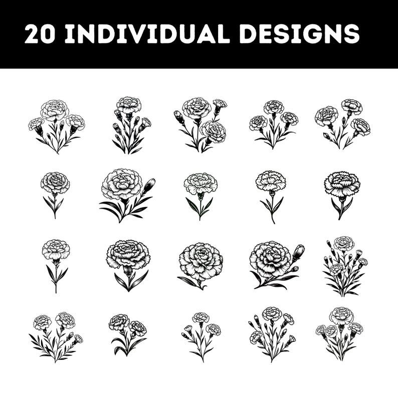 Carnation Flower Line Art SVG Bundle: Floral Clipart (digital Download ...