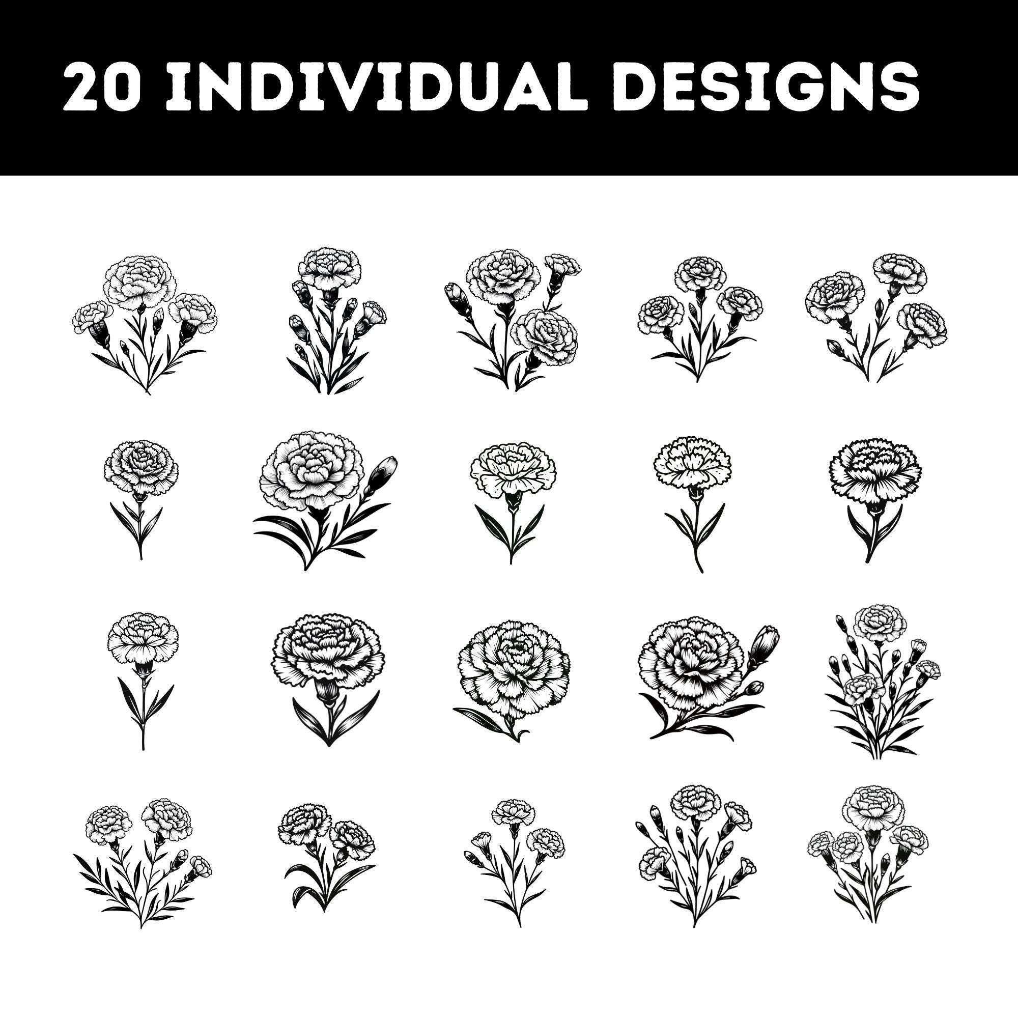 Carnation Flower Line Art SVG Bundle: Floral Clipart (digital Download ...