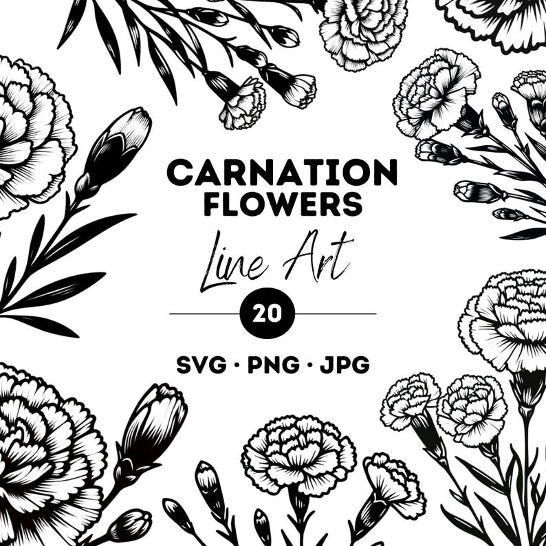 Carnation Flower Line Art SVG Bundle: Floral Clipart (digital Download ...