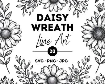 Daisy Wreath Line Art Clipart: Floral SVG Bundle (PNG, JPG)