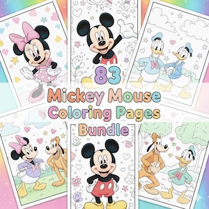 May include: A collection of 83 Mickey Mouse colouring pages. The pages feature Mickey Mouse, Minnie Mouse, Donald Duck, and Pluto. The pages are decorated with hearts, stars, and clouds. The text "Mickey Mouse Colouring Pages Bundle" is displayed.
