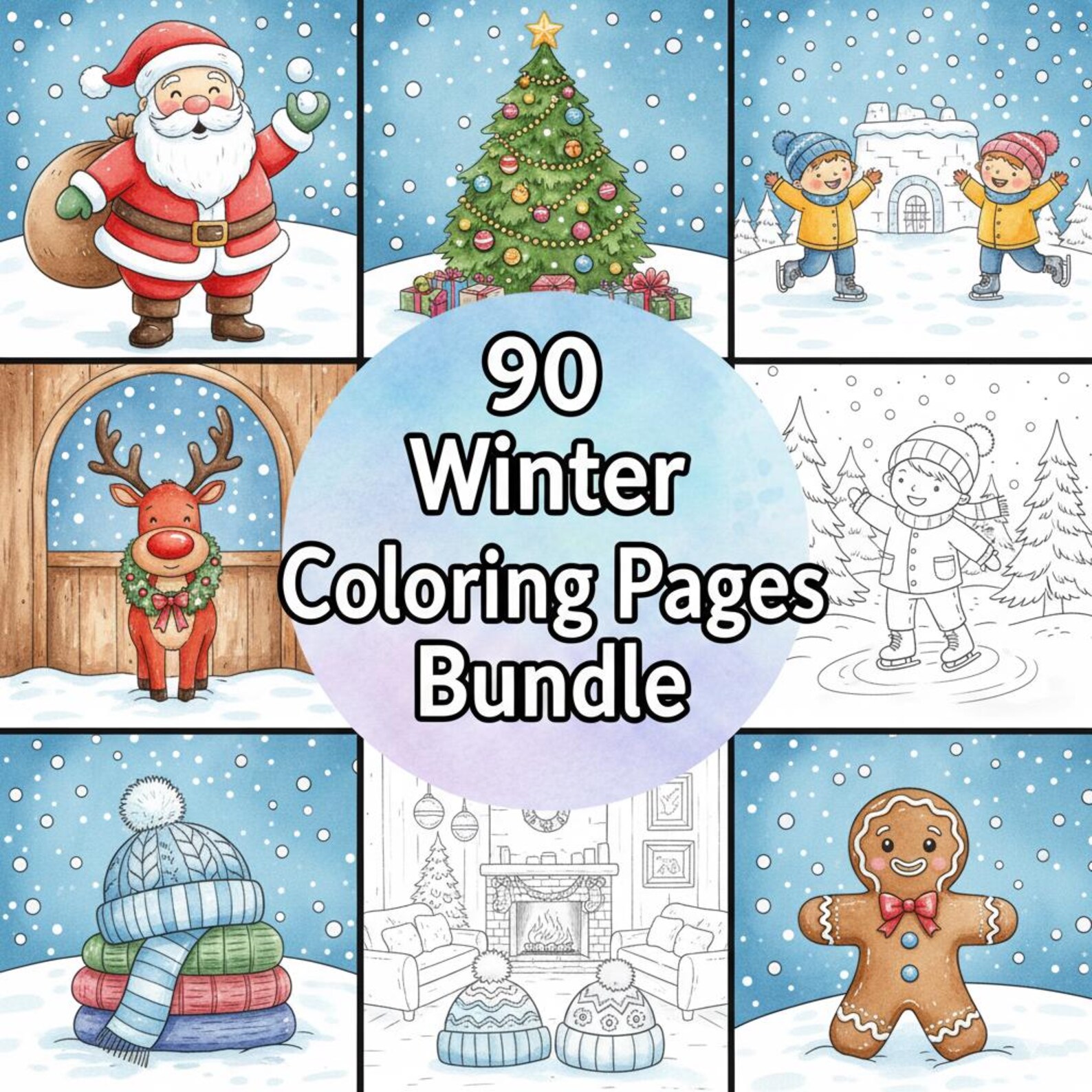 90 Winter Coloring Pages Bundle | Kids Christmas Activity Book (digital ...