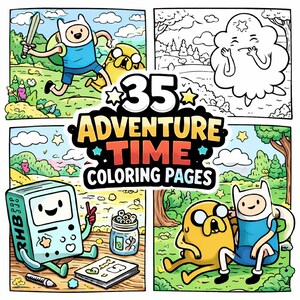 Puede incluir: Ilustración colorida con personajes de Adventure Time. La imagen se divide en cuatro paneles, mostrando a Finn, Jake, BMO y otros personajes. El texto central dice "35 Páginas para colorear de Adventure Time."