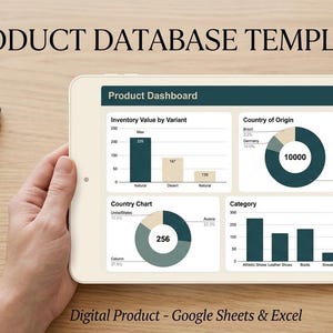 May include: A tablet displaying a Product Database Template with a Product Dashboard featuring bar charts and pie charts. The screen shows data labelled Inventory Value by Variant, Country of Origin, Country Chart, and Category. Text reads Product Database Template and Digital Product - Google Sheets & Excel.