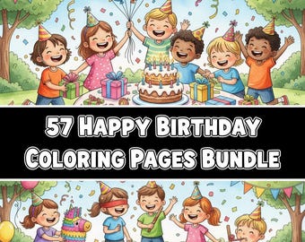 Pacchetto di 57 pagine da colorare per festeggiare il compleanno, fogli di attività per feste (PDF digitale)