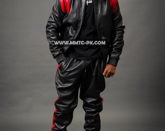 Men's Liam Leather Track Suit [Black/Red] 100% Real Lamb Leather Sweatsuit
