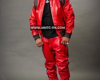 Men's Liam Leather Track Suit [Red/Black] 100% Real Lamb Leather Sweatsuit