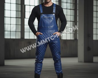 Men's Full Blue Leather Jumpsuit Biker Style One-Piece Suit Leather Bib overall