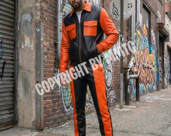 Lamb Leather Color-Block Tracksuit: Black, Orange Contrast Stitching