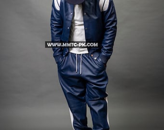 Men's Liam Leather Track Suit [Navy/White] 100% Real Lamb Leather Sweatsuit