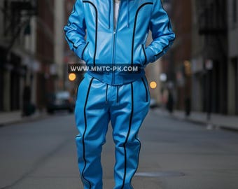 Tuta da uomo in pelle Brayden con cappuccio [azzurro/nero] 100% vera pelle di agnello