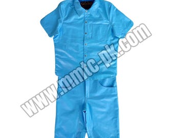 Men's Sky Blue Leather Shirt and Shorts Set