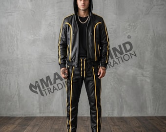 Men's Hoodie Brayden Leather Track Suit Set [Black/Yellow] 100% Lamb Leather
