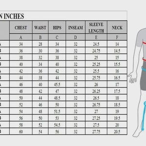 May include: A size chart for men's clothing, displaying measurements in inches. The chart includes chest, waist, hips, inseam, sleeve length, and neck sizes for sizes small through 4X-large. A diagram of a person illustrates where to measure.