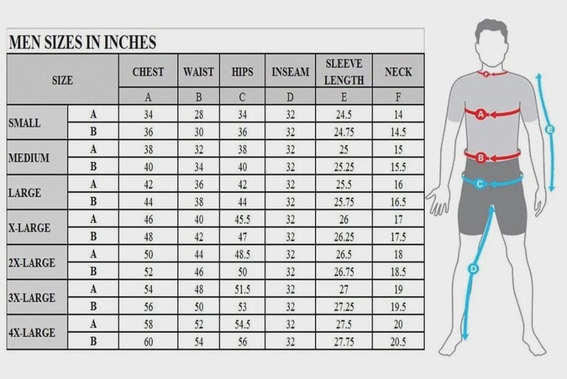 May include: A size chart for men's clothing, displaying measurements in inches. The chart includes chest, waist, hips, inseam, sleeve length, and neck sizes for sizes small through 4X-large. A diagram of a person illustrates where to measure.